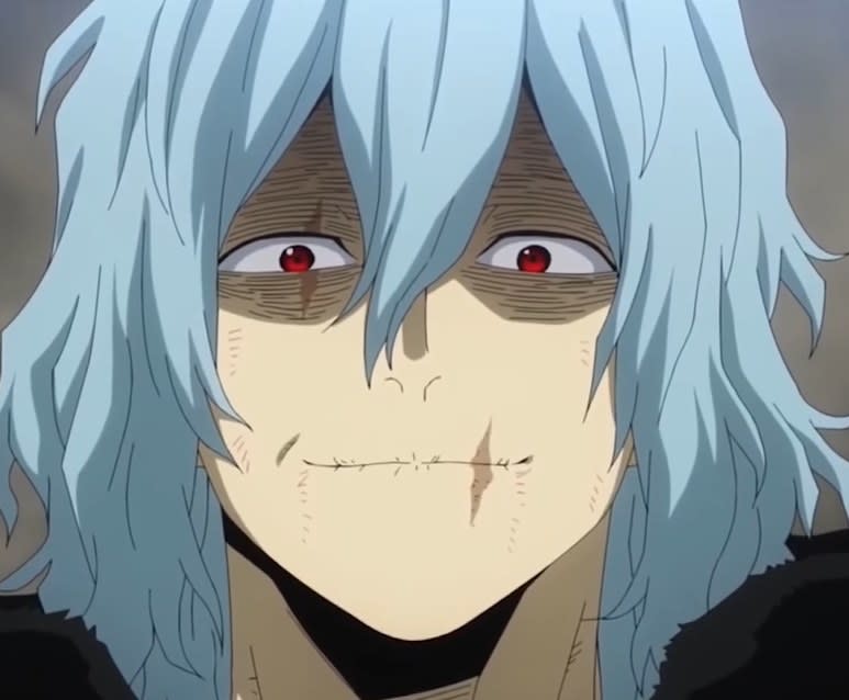 Shigaraki with wide eyes slightly smirking