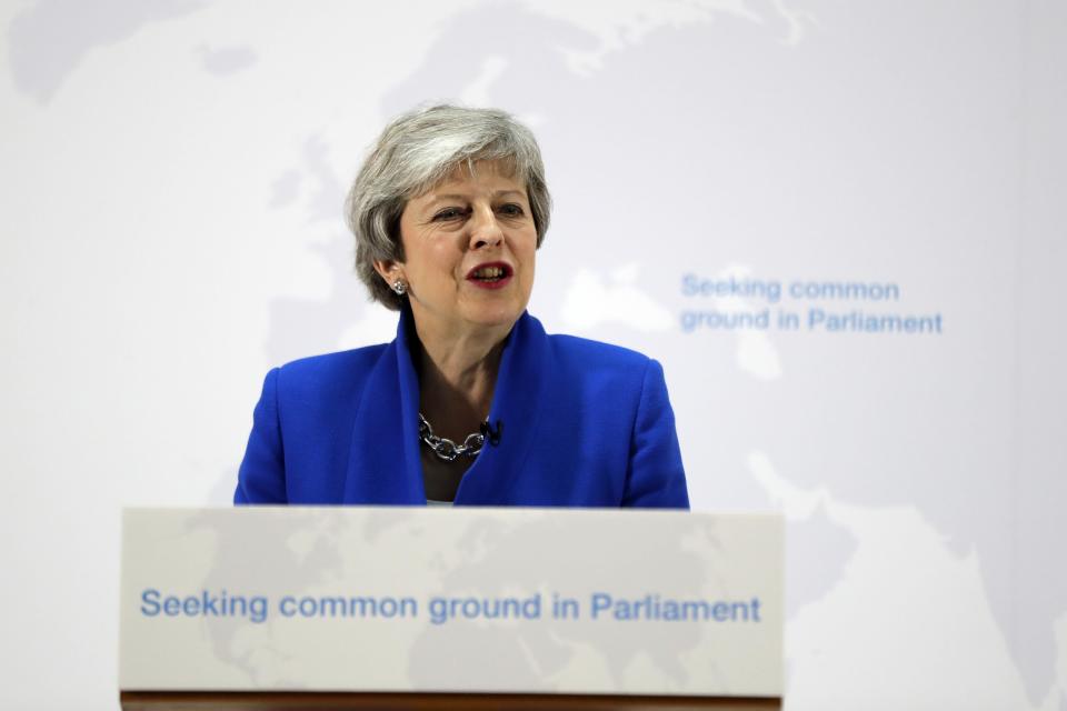 Britain's Prime Minister Theresa May delivers a speech in London, Tuesday, May 21, 2019. The British government is discussing how to tweak its proposed European Union divorce terms in a last-ditch attempt to get Parliament's backing for Prime Minister Theresa May's deal with the bloc. (AP Photo/Kirsty Wigglesworth, pool)