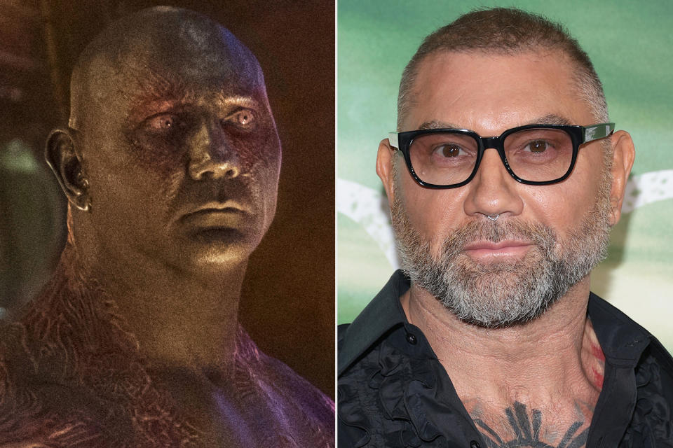 <p><a href="https://people.com/movies/dave-bautista-guardians-of-the-galaxy-not-all-pleasant/" rel="nofollow noopener" target="_blank" data-ylk="slk:Dave Bautista;elm:context_link;itc:0;sec:content-canvas" class="link ">Dave Bautista</a> plays Drax in the <em>Guardians of the Galaxy</em> franchise, a character that required some serious commitment from the outset.</p> <p>For starters, Bautista had to abide by a strict diet and extreme gym regimen to sculpt his shredded superhero physique — a task that wasn't much of an ask for the actor <a href="https://people.com/movies/dave-bautista-says-goodbye-to-drax-guardians-of-the-galaxy-vol-3-cast-photo-filming-wraps/" rel="nofollow noopener" target="_blank" data-ylk="slk:who doubles as a professional wrestler;elm:context_link;itc:0;sec:content-canvas" class="link ">who doubles as a professional wrestler</a>.</p> <p>Fitness aside, Bautista had a team of five makeup artists working on him for five hours each day to apply 18 prosthetic pieces, according to Marvel Studios.</p> <p>Makeup artist White told <a href="https://www.businessinsider.com/dave-bautista-drax-makeup-guardians-of-the-galaxy-2014-8" rel="nofollow noopener" target="_blank" data-ylk="slk:Business Insider;elm:context_link;itc:0;sec:content-canvas" class="link ">Business Insider</a> that Bautista spent more time in costume and makeup than any other cast member in the <em>Guardians</em> films.</p>