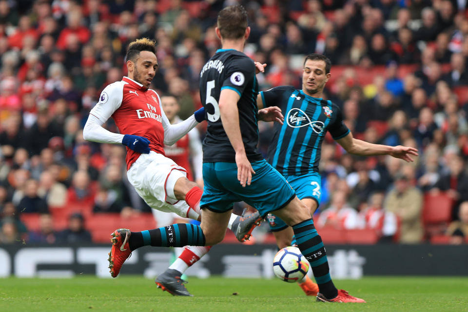 Pierre-Emerick Aubameyang of Arsenal scores making it 1-1 in the 28th minute.