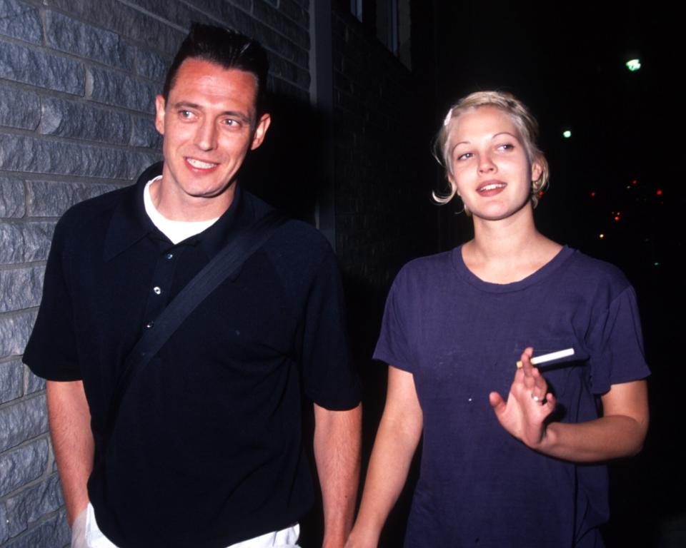 Barrymore and her husband Jeremy Thomas attend the premiere of "Bad Girls" April 19, 1994 in Los Angeles, CA. The film tells the story of four prostitutes who join together to travel the Old West