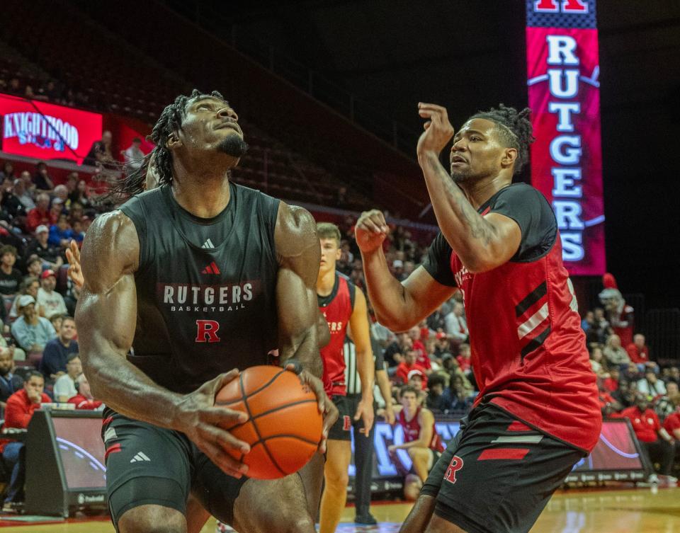 Rutgers Emmanuel Ogbole goes uo with shot against Lathan Sommerville. Rutgers Intrasquad Scrimmage at Rutgers Athletic Center in Piscataway, NJ on September 28. 2024.