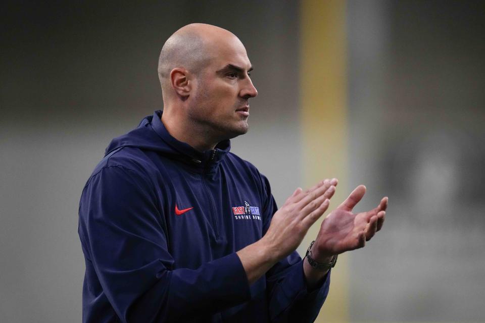 West head coach Mike Kafka, of the New York Giants, during the second half of the East West Shrine Bowl NCAA college football game in Frisco, Texas, Thursday, Feb. 1, 2024. (AP Photo/Julio Cortez)