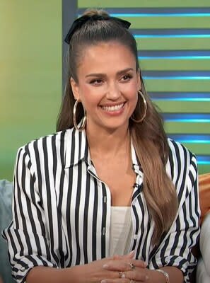 Jessica Alba Wears LILYSILK Amalfi Stripe Silk Shirt