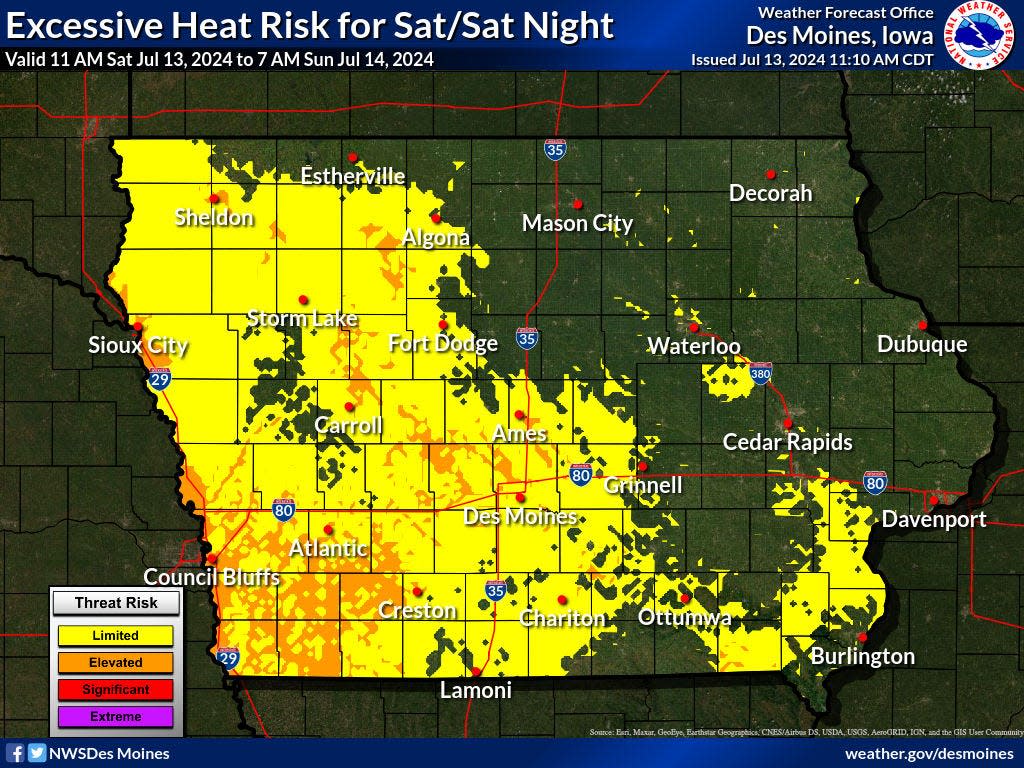 The National Weather Service forecast for excessive heat on Saturday.