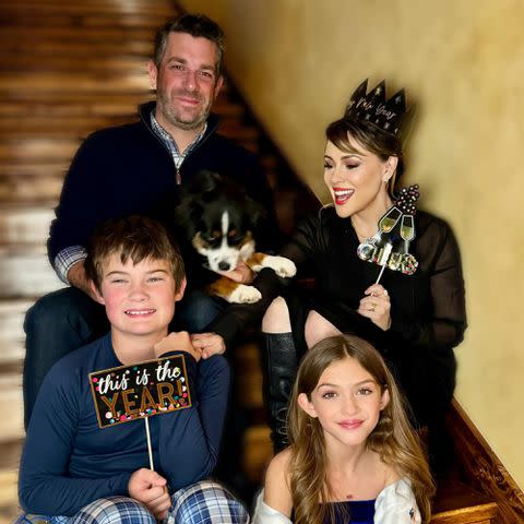 <p>Alyssa Milano Instagram</p> Alyssa Milano, David Bugliari, and their kids Milo and Elizabella.