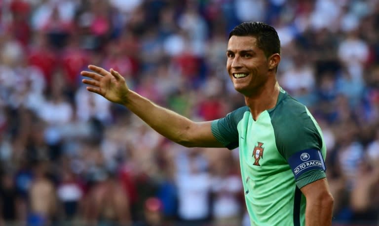 Portugal's forward Cristiano Ronaldo celebrates after scoring a goal during the Euro 2016 match between Hungary and Portugal, on June 22, 2016