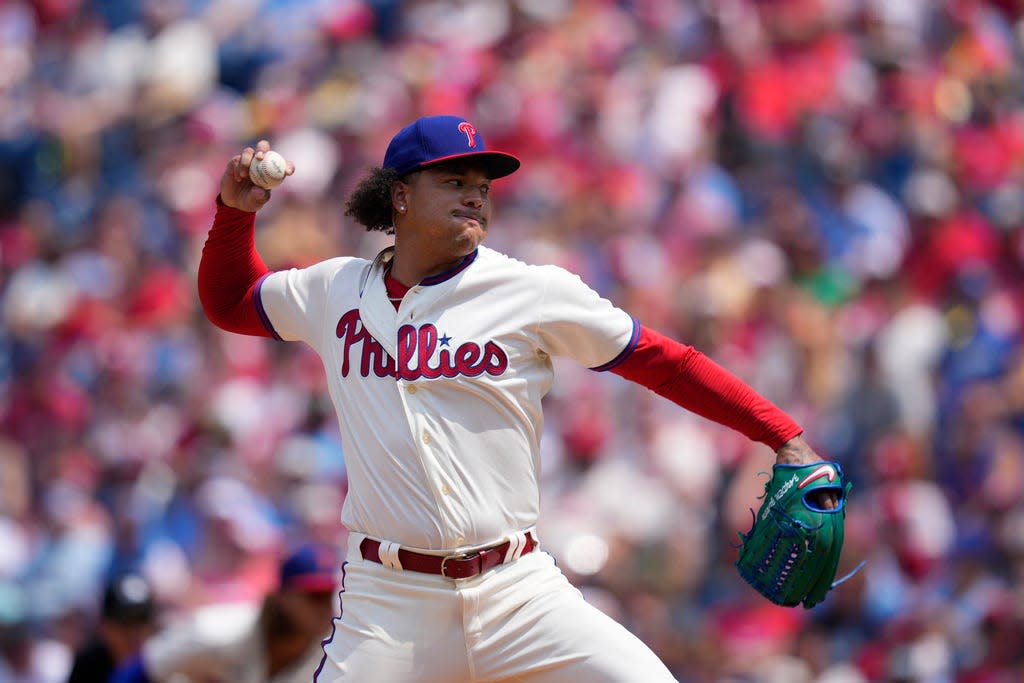 Philadelphia Phillies' Taijuan Walker plays during a baseball game, Sunday, Aug. 6, 2023, in Philadelphia. (AP Photo/Matt Slocum)