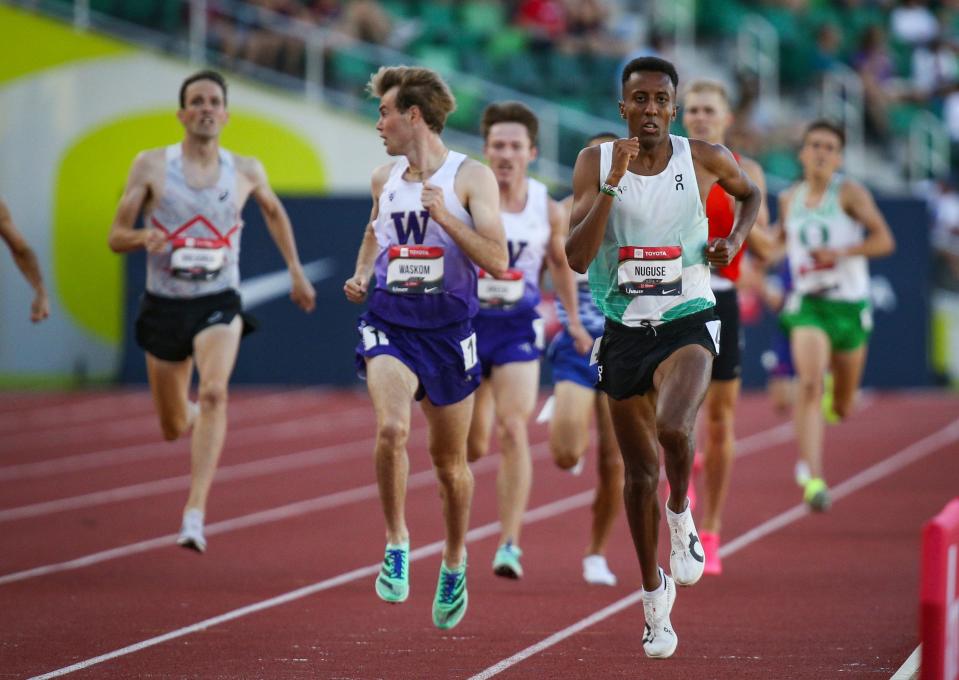 Yared Nuguse eyes the finish line on the home stretch of the first round of the men’s 1,500 meters on day one of the USA Outdoor Track and Field Championships at Hayward Field in Eugene Thursday, July 6, 2023.