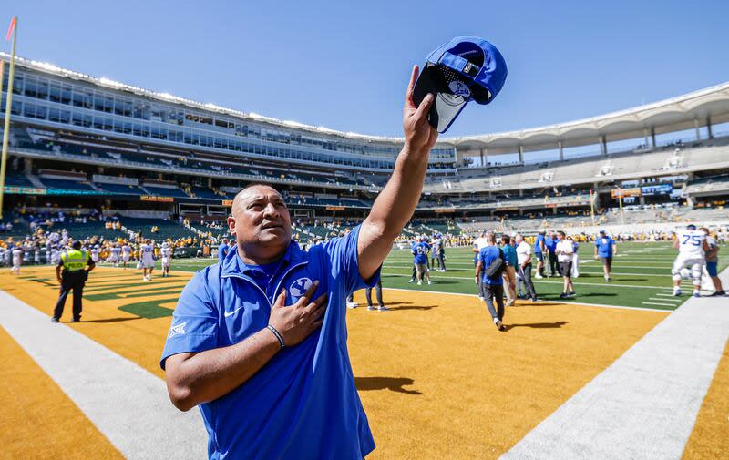 BYU head coach Kalani Sitake acknowledges BYU faithful in the stands after the Cougars' updated win over the Baylor Bears Saturday, Sept. 28, 2024, in Waco, Texas. | Jaren Wilkey, BYU Photo