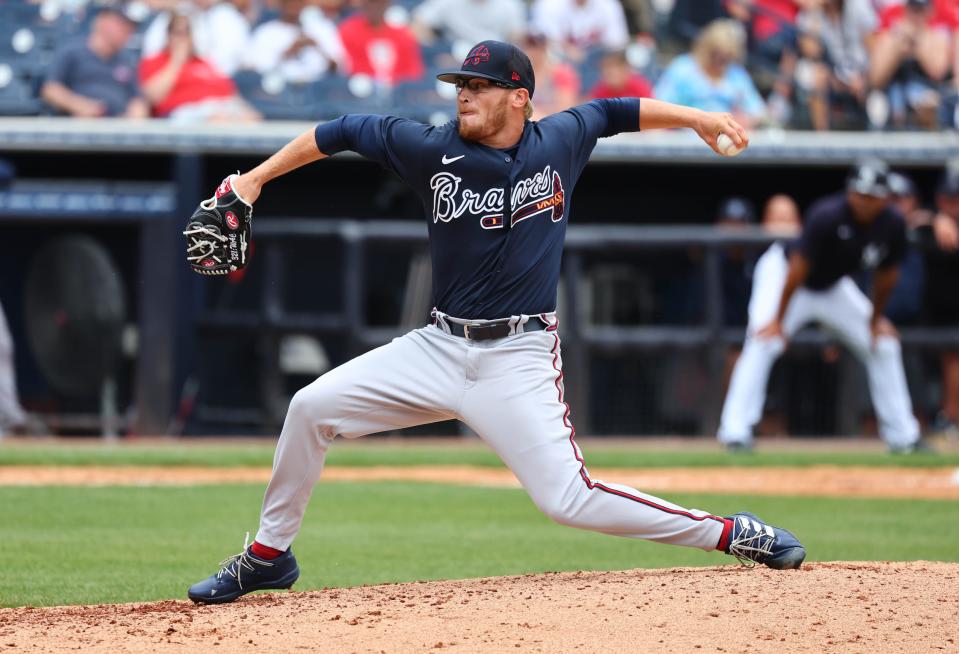 Apr 2, 2022; Tampa, Florida, USA; Atlanta Braves pitcher Jake Higginbotham (26) throws a pitch during the fourth inning against the New York Yankees during spring training at George M. Steinbrenner Field. Mandatory Credit: Kim Klement-USA TODAY Sports