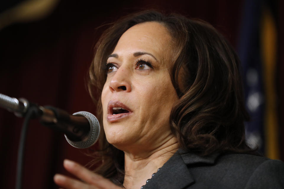 Democratic presidential candidate Sen. Kamala Harris speaks at the Story County Democrats' annual soup supper fundraiser, Saturday, Feb. 23, 2019, in Ames, Iowa. (AP Photo/Charlie Neibergall)