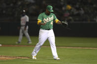 Oakland Athletics pitcher Frankie Montas reacts after the top of the sixth inning of a baseball game against the Detroit Tigers in Oakland, Calif., Friday, April 16, 2021. (AP Photo/Jed Jacobsohn)