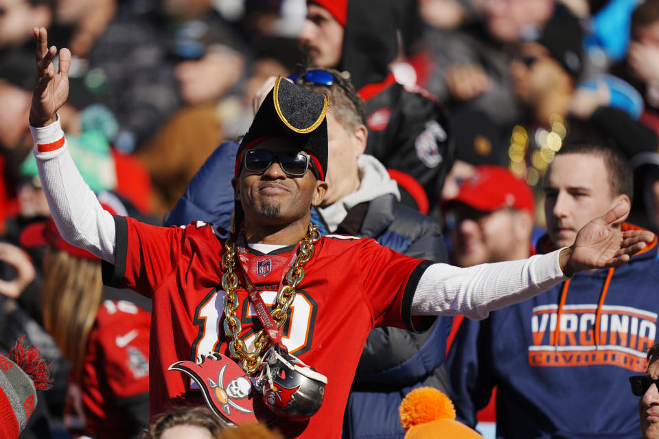 Fans chher during the first half of an NFL football game between the Carolina Panthers and the Tampa Bay Buccaneers, Sunday, Jan. 7, 2024, in Charlotte, N.C. (AP Photo/Rusty Jones)