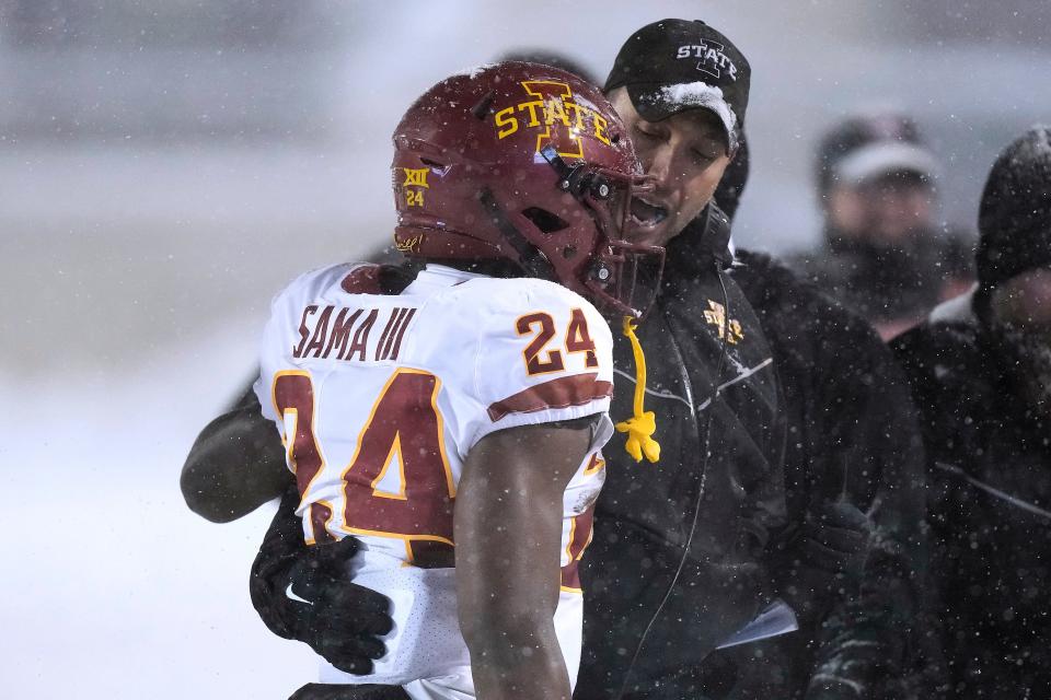 Iowa State coach Matt Campbell and freshman running back Abu Sama have the Cyclones headed back to the postseason. Iowa State will learn its bowl destination and opponent on Sunday.
