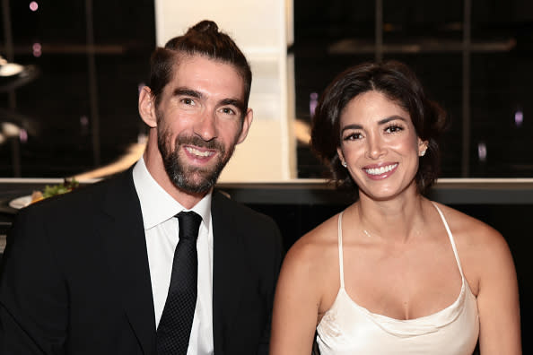 BEVERLY HILLS, CALIFORNIA – AUGUST 18: (L-R) Michael Phelps and Nicole Johnson attend the Harold & Carole Pump Foundation 2023 Gala at The Beverly Hilton on August 18, 2023 in Beverly Hills, California. (Photo by Tiffany Rose/Getty Images for Harold & Carole Pump Foundation)