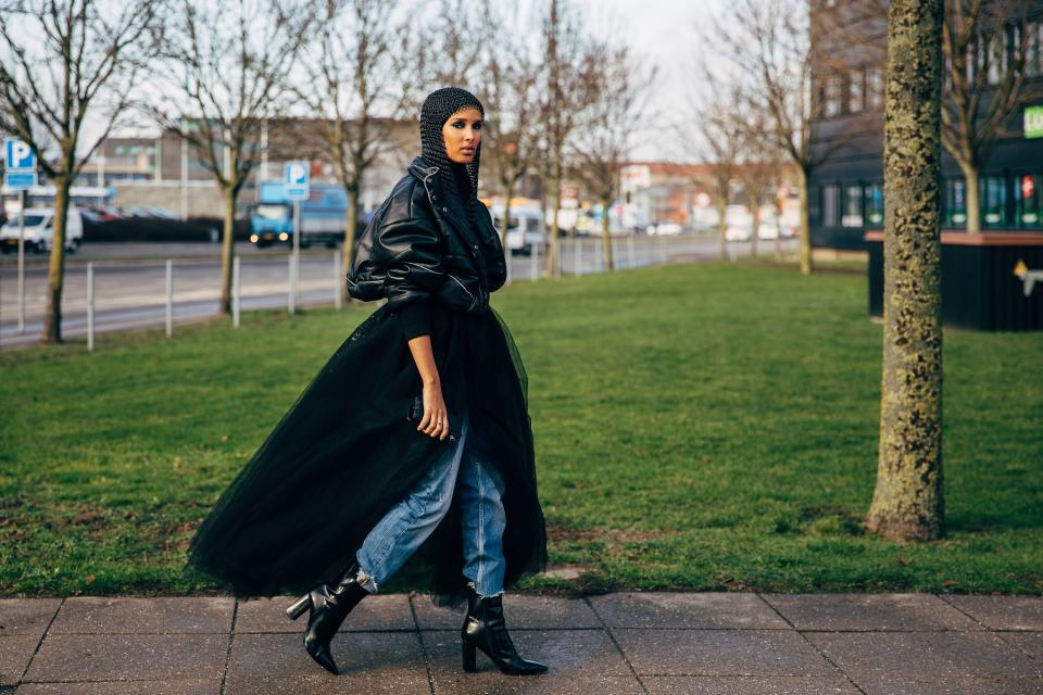 At Copenhagen Fashion Week [I wanted] to push my boundaries to see if I could still be fashionable when it was very cold and I still had to do all the layering. [Here I’m in a] chainmail medieval armor hood with a tulle skirt. I added the bomber jacket to make it look more urban.