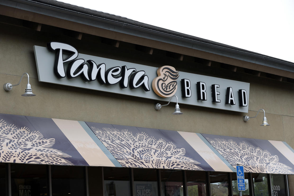 SAN RAFAEL, CALIFORNIA - NOVEMBER 09: A sign is posted on the exterior of a Panera Bread restaurant on November 09, 2021 in San Rafael, California. After going private in 2017 when JAB Holding bought the company for $7.5 billion, Panera Bread will go public once again through an initial public offering. (Photo by Justin Sullivan/Getty Images)