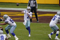 Dallas Cowboys quarterback Ben DiNucci (7) throws downfield in the second half of an NFL football game, Sunday, Oct. 25, 2020, in Landover, Md. Washington won 25-3.(AP Photo/Patrick Semansky)