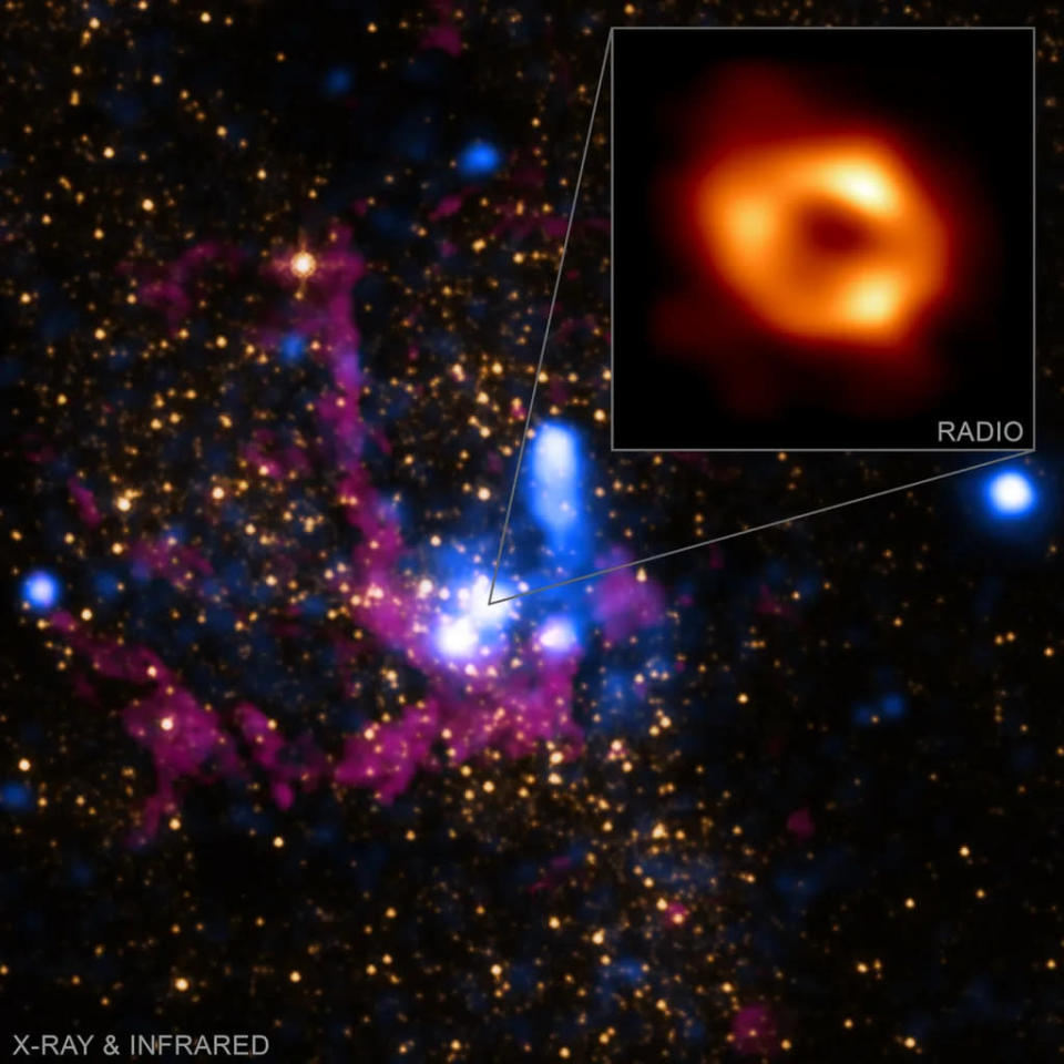 Detalhe da primeira foto já feita de Sagitário A*, o buraco negro supermassivo da Via Láctea (Imagem: Reprodução/NASA/CXC/SAO, IR - NASA/HST/STScI; Event Horizon Telescope Collaboration)