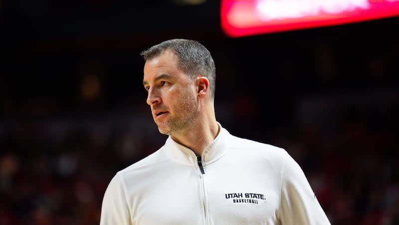 Utah State Aggies head coach Danny Sprinkle during the game between the Utah State Aggies and the San Diego State Aztecs in the semifinals of the Mountain West 2024 Men's Basketball Championship at the Thomas & Mack Center in Las Vegas on Friday, March 15, 2024.