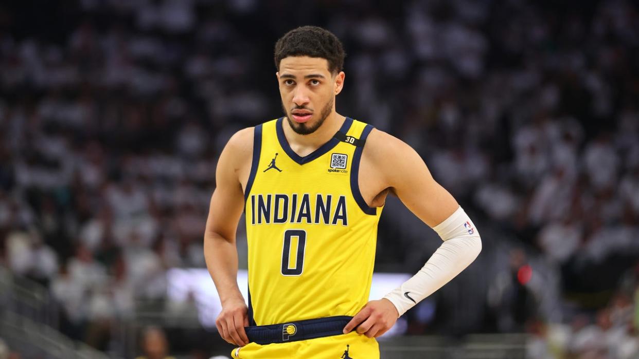 <div>Tyrese Haliburton #0 of the Indiana Pacers walks backcourt during game two of the Eastern Conference First Round Playoffs against the Milwaukee Bucks at Fiserv Forum on April 23, 2024 in Milwaukee, Wisconsin. (Photo by Stacy Revere/Getty Images)</div>