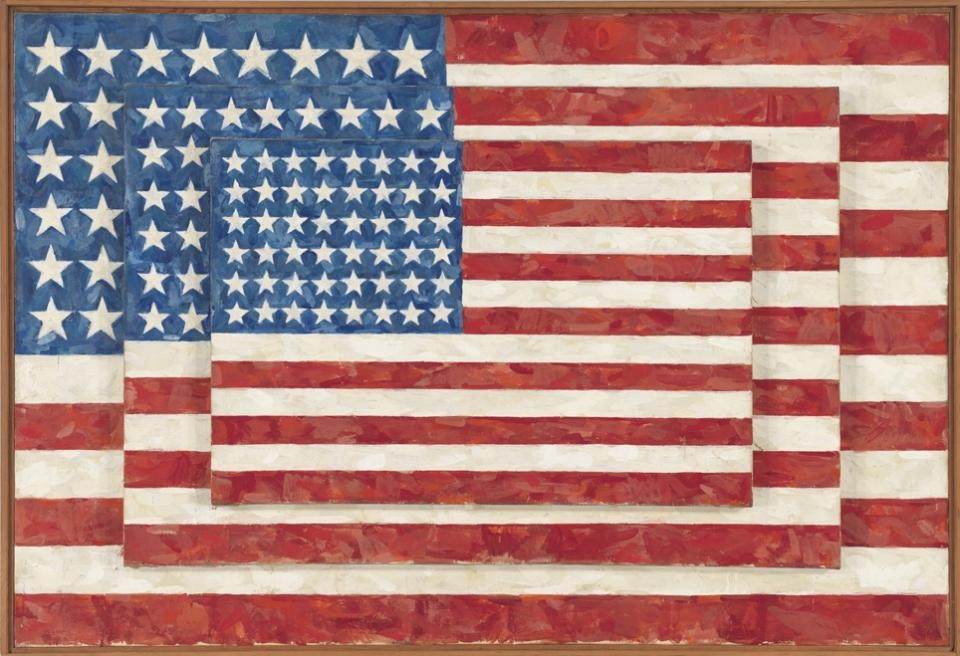 This image is provided by the Whitney Museum of American Art via Art Everywhere and shows Jasper Johns' 1958 "Three Flags." Five museums say they are organizing the largest outdoor art show to showcase American art nationwide this summer. Beginning Monday, April 7, 2014, curators are asking the public to vote online to choose which artwork will be featured on 50,000 displays for the “Art Everywhere” initiative in August. Members of the Outdoor Advertising Association of America are donating the space. (AP PhotoWhitney Museum of american Art)