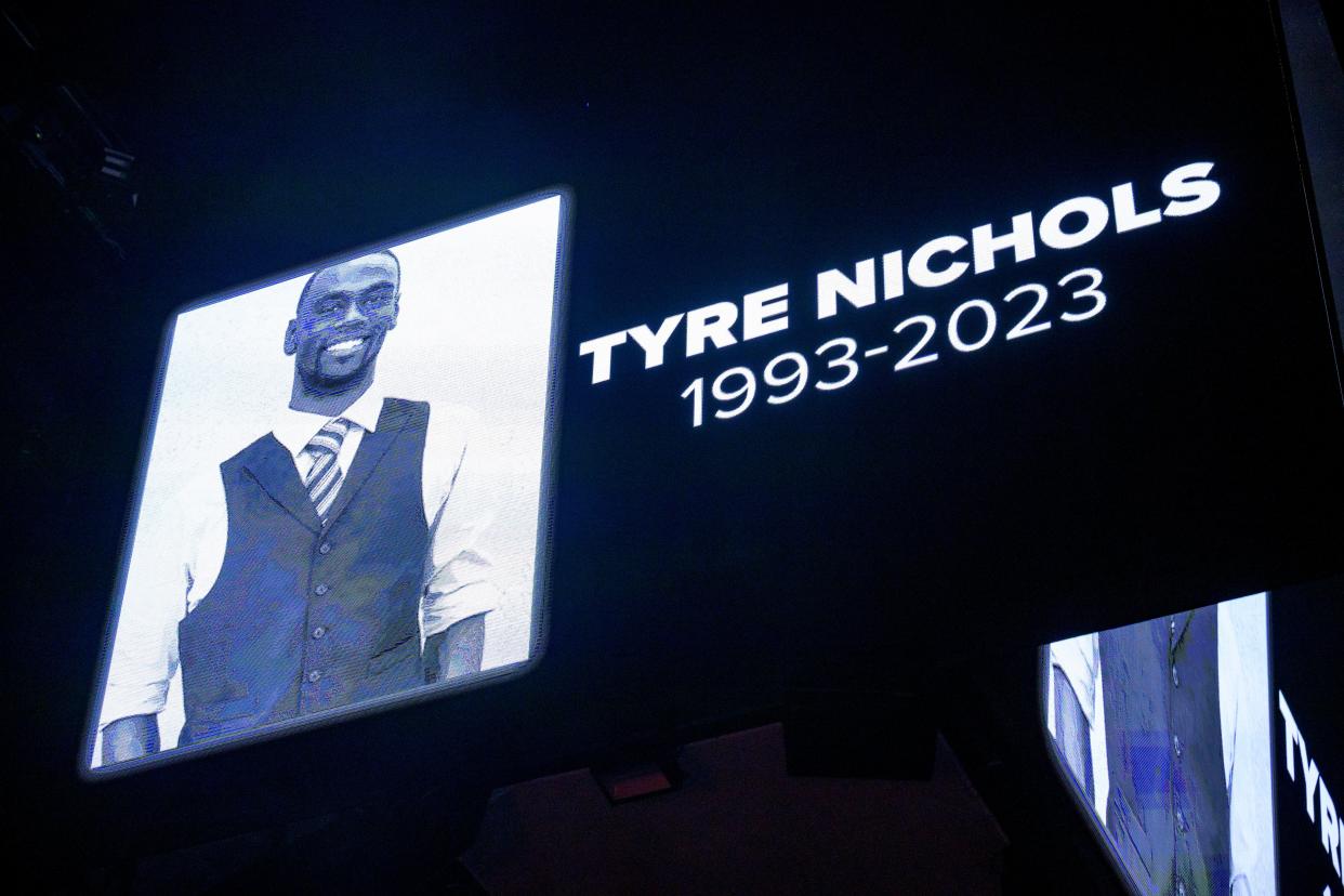 Tyre Nichols, a 29-year-old Black man who was pulled over while driving and died three days later, is detained by Memphis Police Department officers on January 7, 2023. (AP)