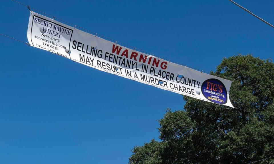 The Loomis Lions Club had a 23-foot by 3-foot banner put up over a major road in the town warning people about fentanyl.