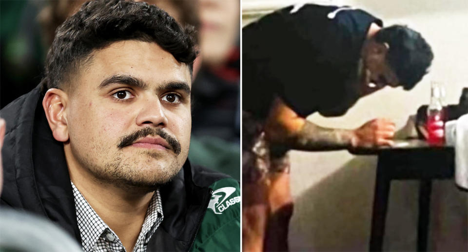 Latrell Mitchell watching a South Sydney game, and with a white substance.