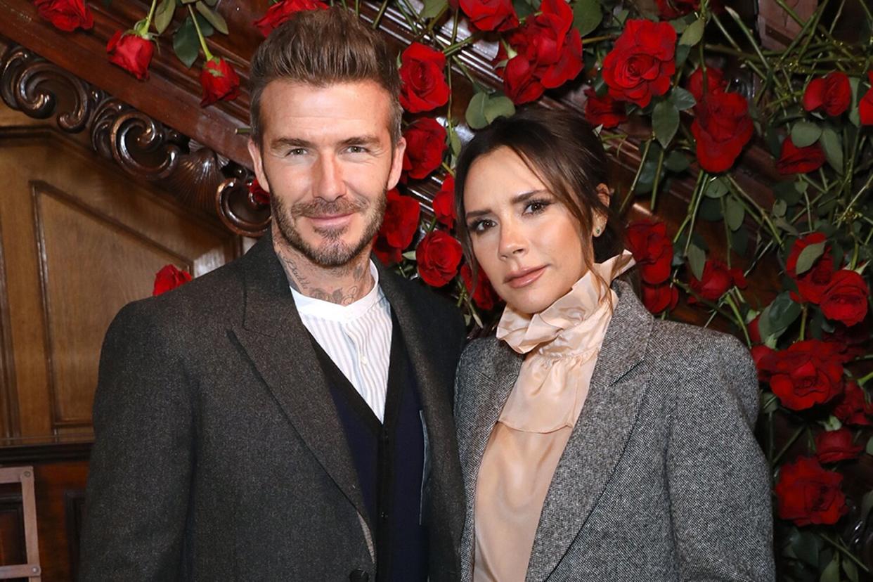 David and Victoria Beckham attend the Kent & Curwen presentation during London Fashion Week Men's January 2019 at Two Temple Place on January 6, 2019 in London, England.