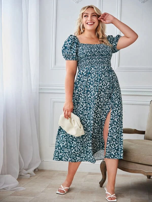 Plus Floral Print Shirred Bodice Puff Sleeve Split Thigh Dress. Image via SHEIN.