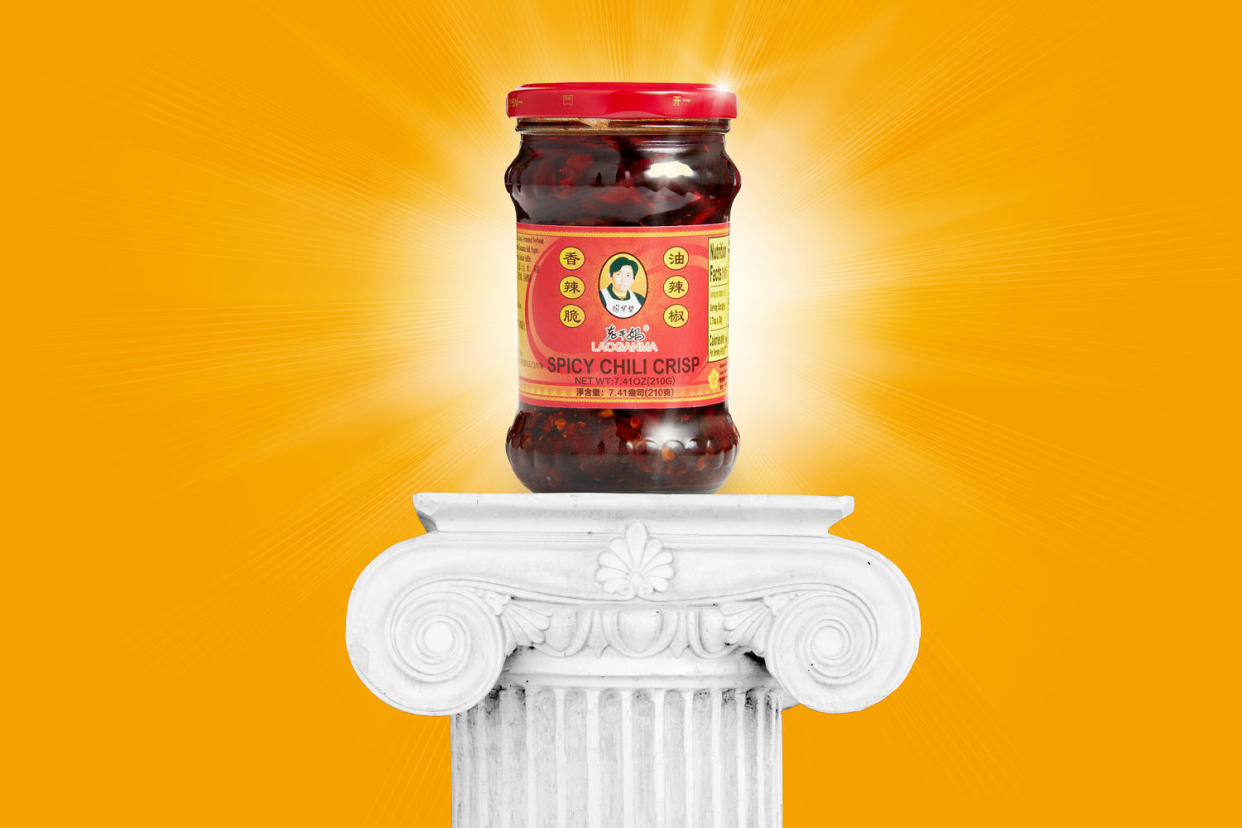 Photo Illustration: A jar of Lao Gan Ma on a pedestal (Justine Goode / NBC News; Getty Images)