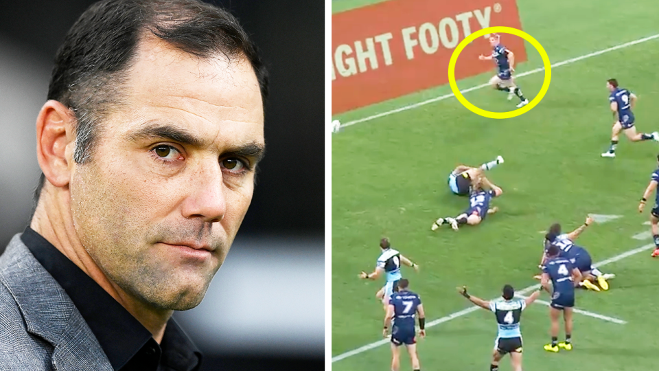 Cameron Smith during a match and Braydon Trindall is tackled for a penalty try.