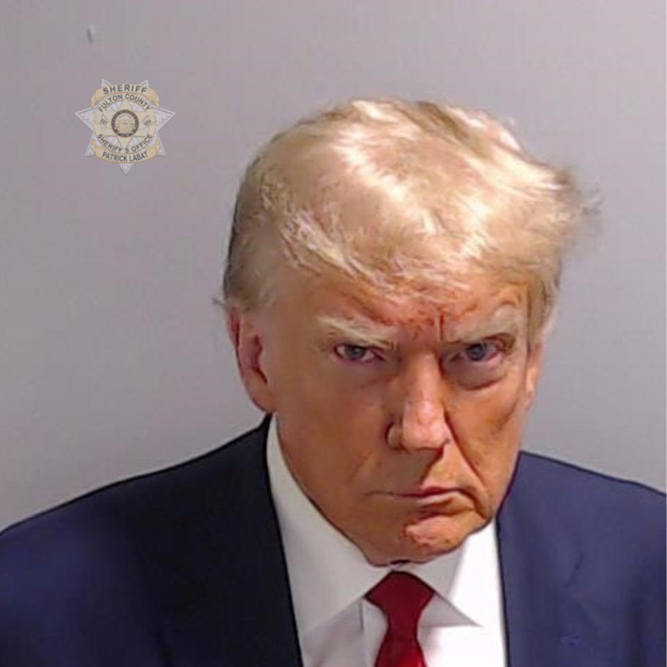 Donald Trump in a suit and tie poses for a mugshot, looking directly at the camera with a serious expression