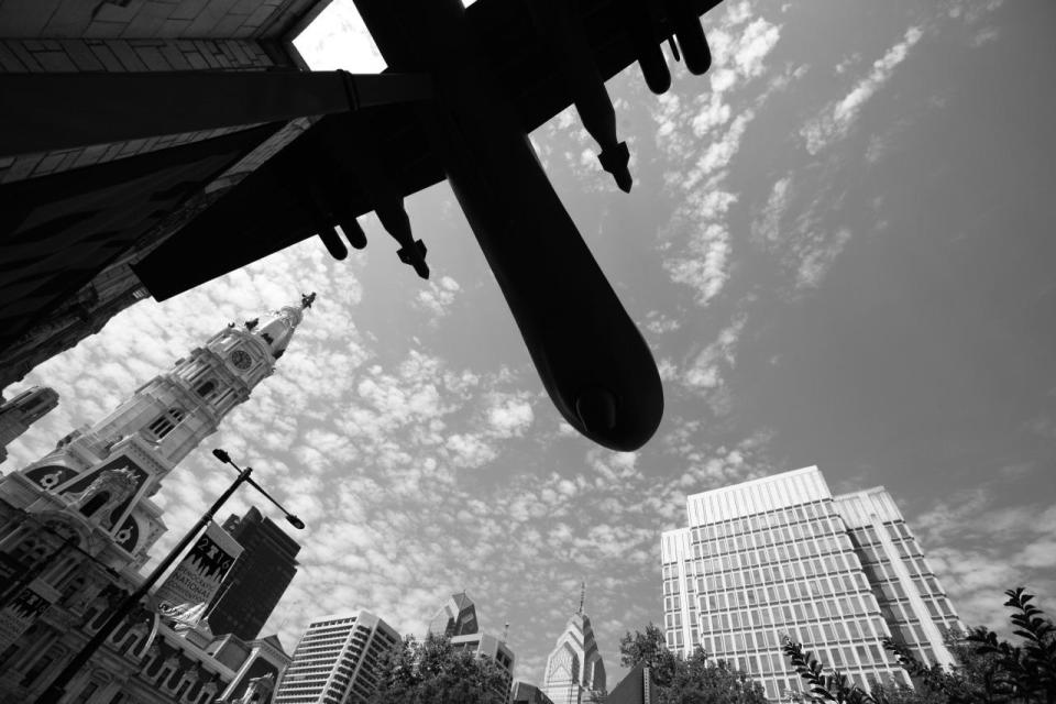 <p>A Reaper drone prop its used by anti-war demonstrators. At left is Philadelphia City Hall during the DNC on July 25, 2016. (Photo: Khue Bui for Yahoo News)</p>