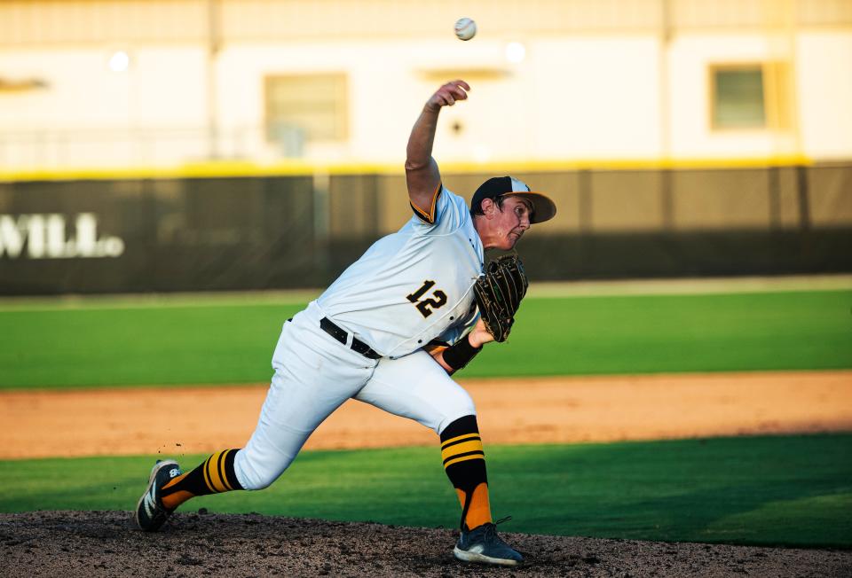 Joey Lawson of the Bishop Verot baseball team pitches during a regional playoff against Clearwater Central Catholic at Bishop Verot on Wednesday, May 8, 2024. Bishop Verot won 8-0 and moves on.