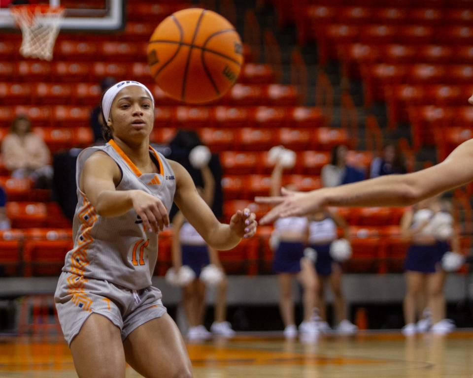 UTEP's Aaliyah Stanton passes the ball to her teammates against Colorado State at the Don Haskins Center on Nov. 30, 2023.