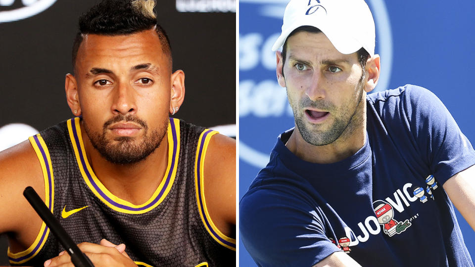 Nick Kyrgios has paid Novak Djokovic a backhanded compliment, acknowledging his unbeaten run in 2020 while also reminding him of the Adria Tour debacle, which resulted in several players contracting coronavirus. Pictures: Getty Images