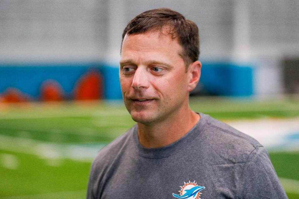 Miami Dolphins defensive coordinator Josh Boyer talks to reporters during media availability day at Baptist Health Training Complex in Miami Gardens, Florida on Wednesday, May 11, 2022.