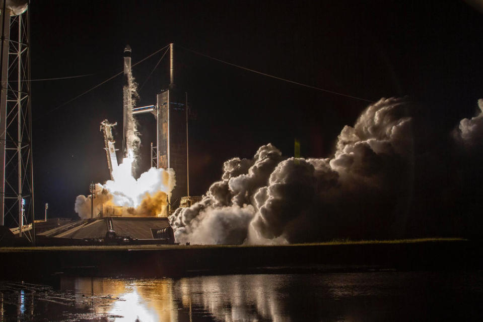A SpaceX Falcon 9 rocket, chartered for the Inspiration4 mission, blasts off Wednesday from historic pad 39A at the Kennedy Space Center to kick off a three-day mission, the first privately-funded non-government trip to orbit by an all-civilian crew. / Credit: SpaceX