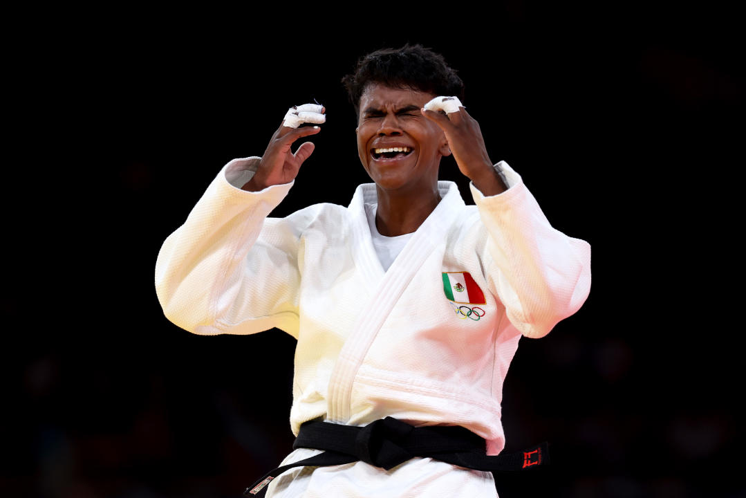 PARIS, FRANCE - JULY 30: Prisca Awiti Alcaraz of Team Mexico celebrates victory against Lubjana Piovesana of Team Austria (not pictured) during the Women’s Judo -63kg Quarterfinal on day four of the Olympic Games Paris 2024 at Champs-de-Mars Arena on July 30, 2024 in Paris, France. (Photo by Steph Chambers/Getty Images)