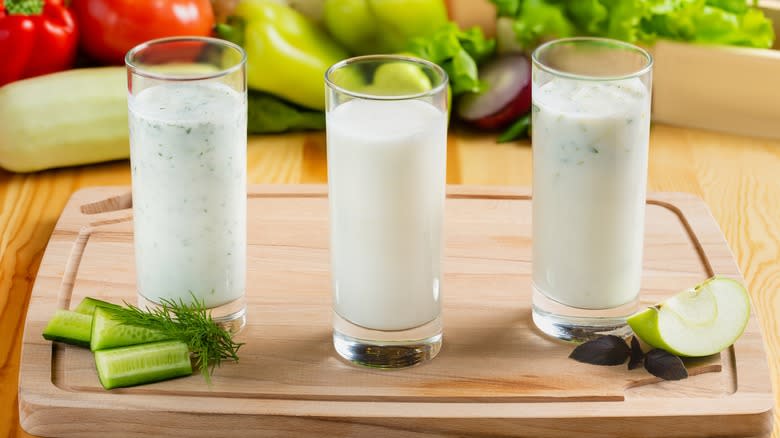 Three glasses of kefir with produce