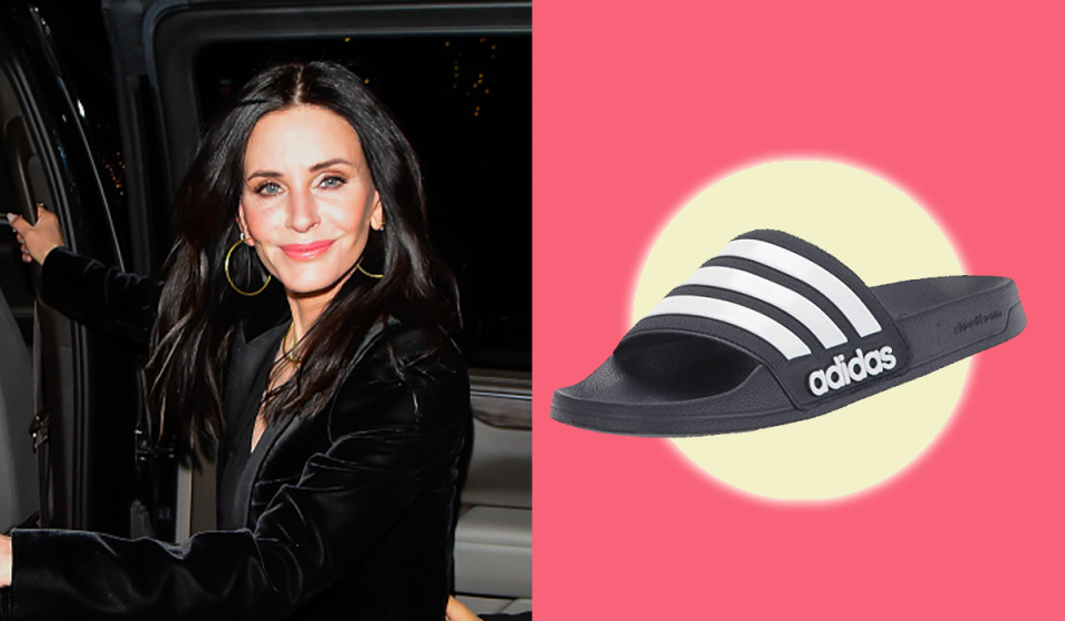 Courteney Cox and Adidas slides Getty; Amazon