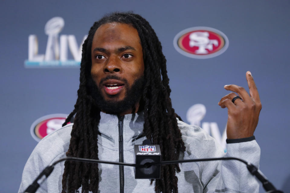 Richard Sherman's long-standing beef with NFL drug testing continues. (AP Photo/Wilfredo Lee)
