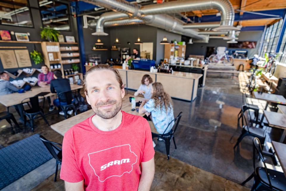 Jeff Hoobin at Chain & Spoke, his new coffee and bike shop on 28th Street in Des Moines.