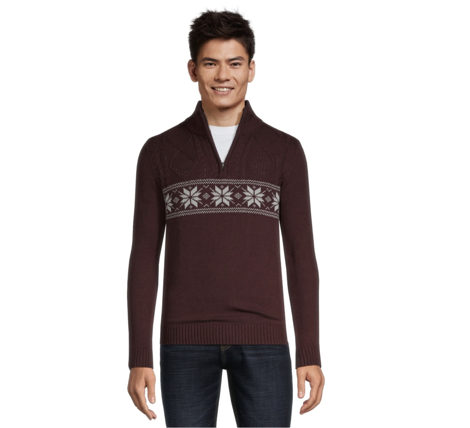 model wears red Method Men's Festive Quarter Zip Mockneck Sweater