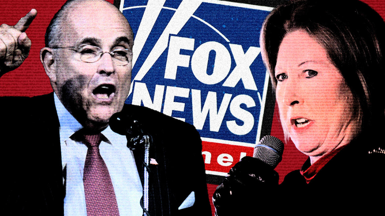 Rudy Giuliani makes an emphatic point at the microphone and Sidney Powell, also at the microphone, with the logo of Fox News. (Photo illustration: Kelli R. Grant/Yahoo News; photos: Dennis Van Tine/STAR MAX/IPx via AP, Jakub Porzycki/NurPhoto via Getty Images, Ben Margot/AP)