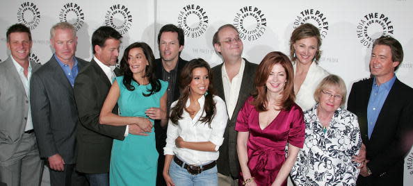 Actors Doug Savant, Neal McDonough, James Denton and Teri Hatcher, executive producer Bob Daily, actress Eva Longoria Parker, executive producer Marc Cherry and actors Dana Delany, Brenda Strong, Kathryn Joosten and Kyle MacLachlan attend the 'Desperate Housewives' event at PaleyFest09 at ArcLight Cinemas on April 18, 2009 in Hollywood, California. (Photo by David Livingston/Getty Images)