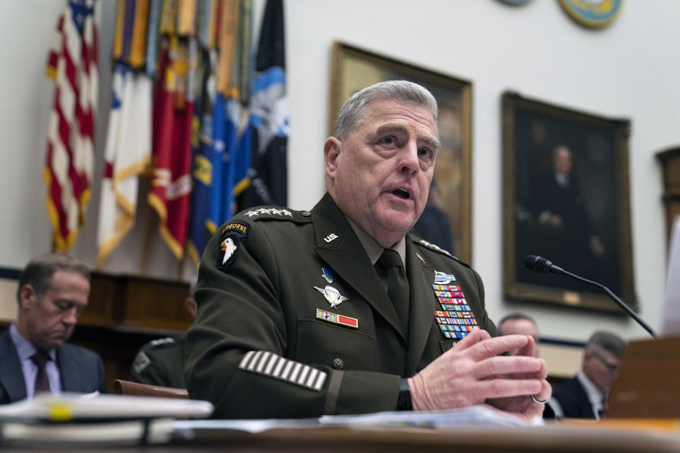 Chairman of the Joint Chiefs of Staff Gen. Mark Milley speaks during a House Armed Services Committee hearing on the fiscal year 2023 defense budget, Tuesday, April 5, 2022, in Washington. / Credit: Evan Vucci / AP